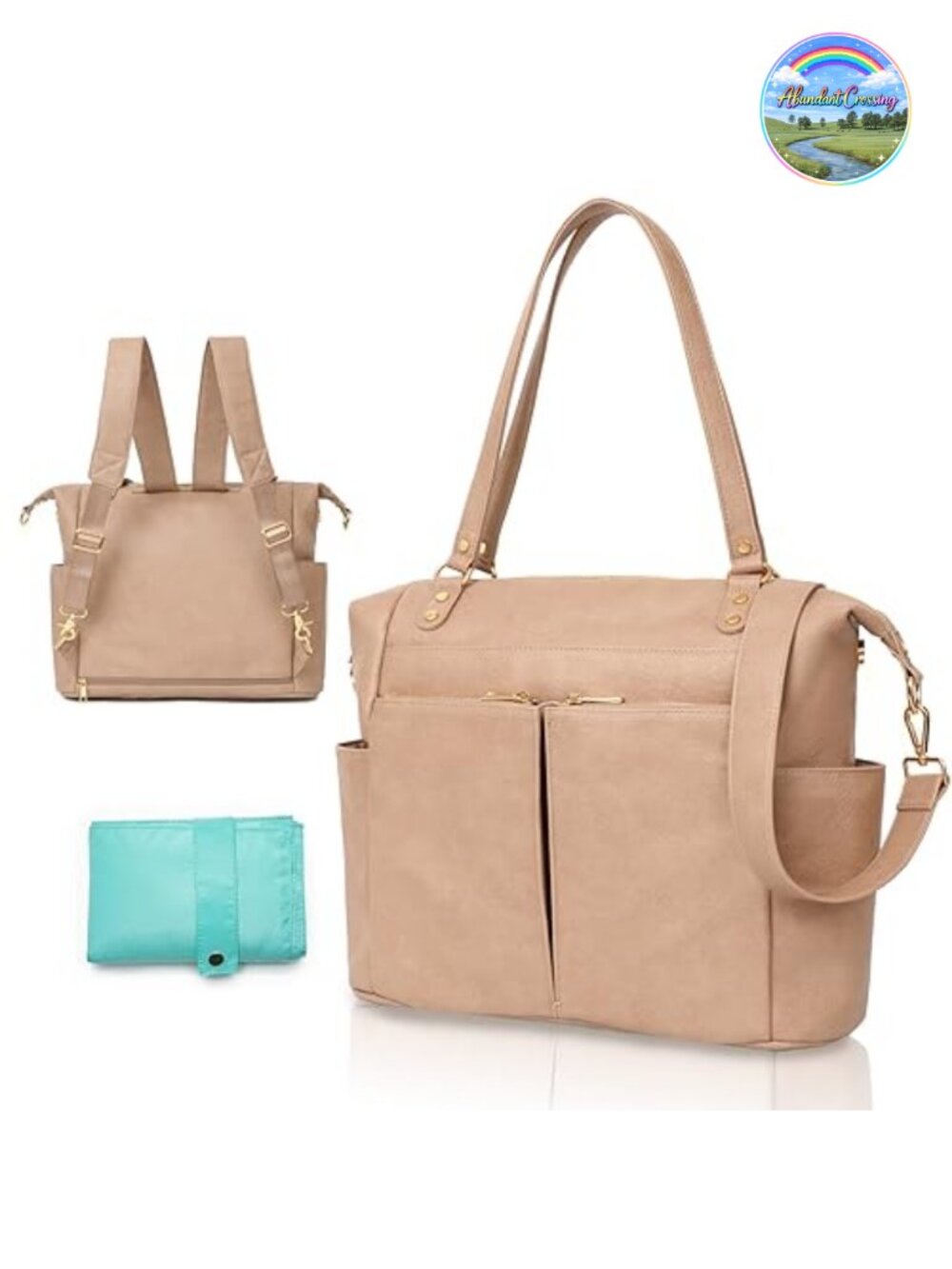 Vegan Leather Convertible Diaper Bag Backpack Tote with Changing Pad